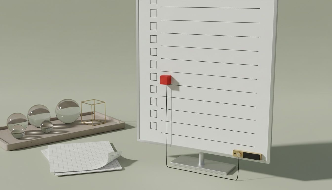 Tablero físico con filas vacías; una casilla con cubo rojo conectada a palanca y esferas de vidrio decorativas al fondo.