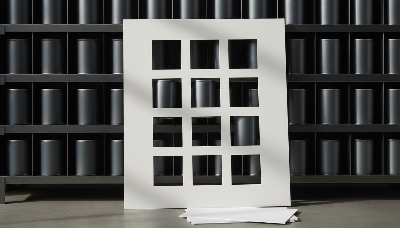 Plantilla blanca de catálogo con cortes rectangulares sobre una bandeja de almacén; varios huecos dejan ver contenedores idénticos y una celda está vacía.