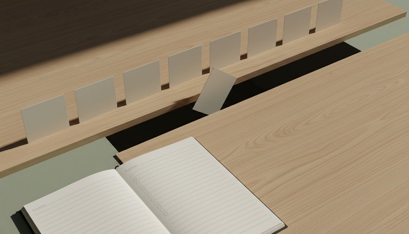 Ficha blanca cayendo por el hueco de un puente hecho de tarjetas sobre una mesa; junto a la escena, una libreta abierta con casillas vacías.