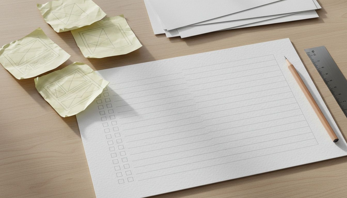 Escritorio con documento de requisitos con casillas vacías, rodeado de notas adhesivas con bocetos abstractos.