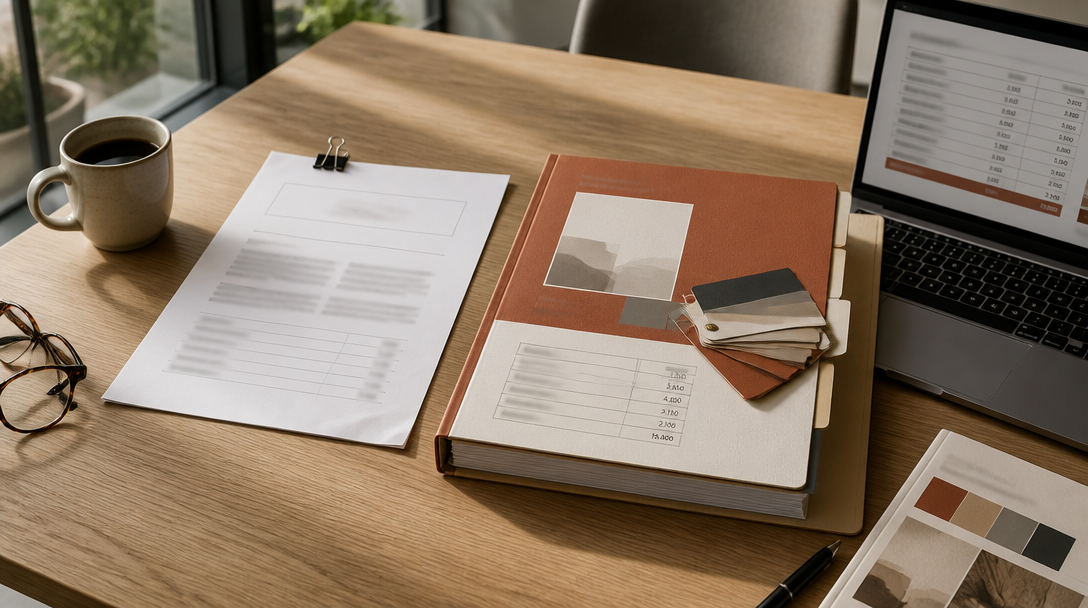 Dos propuestas impresas sobre un escritorio: una hoja simple y un dossier premium con muestras de color y tabla de precios, mostrando la diferencia de valor per