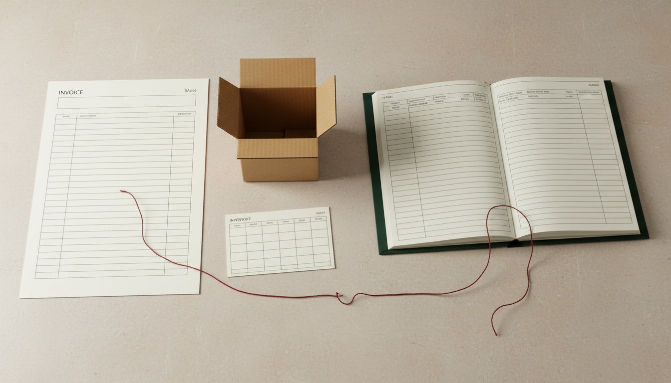Vista superior de una factura, cajas de cartón y un libro contable desalineados; un hilo suelto muestra el flujo desincronizado.