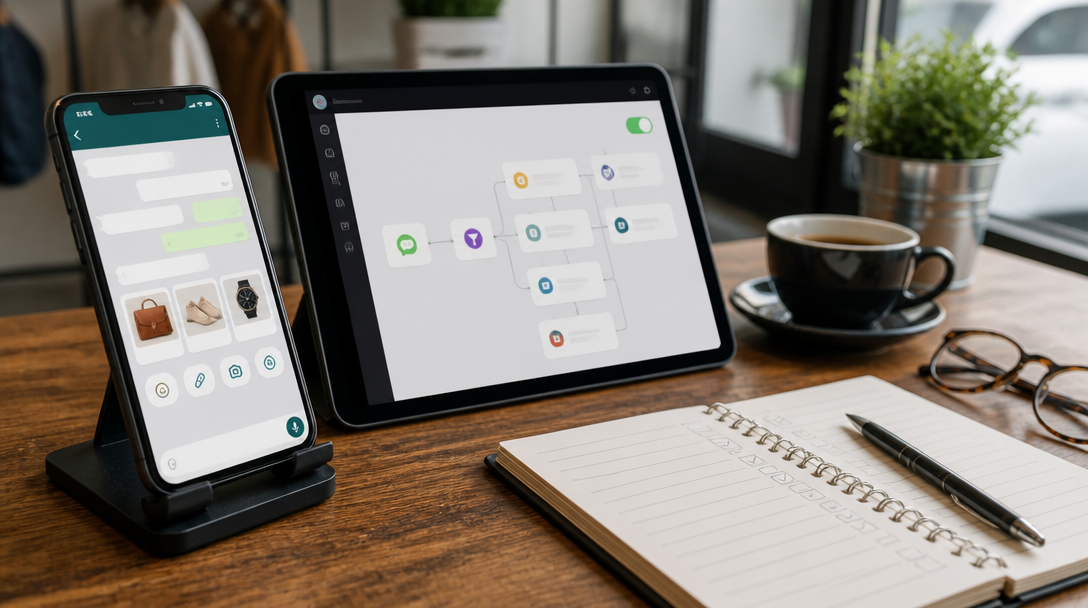 Smartphone mostrando chat con respuestas automáticas y botones de producto, junto a tableta con flujo de chatbot y libreta con lista de verificación.