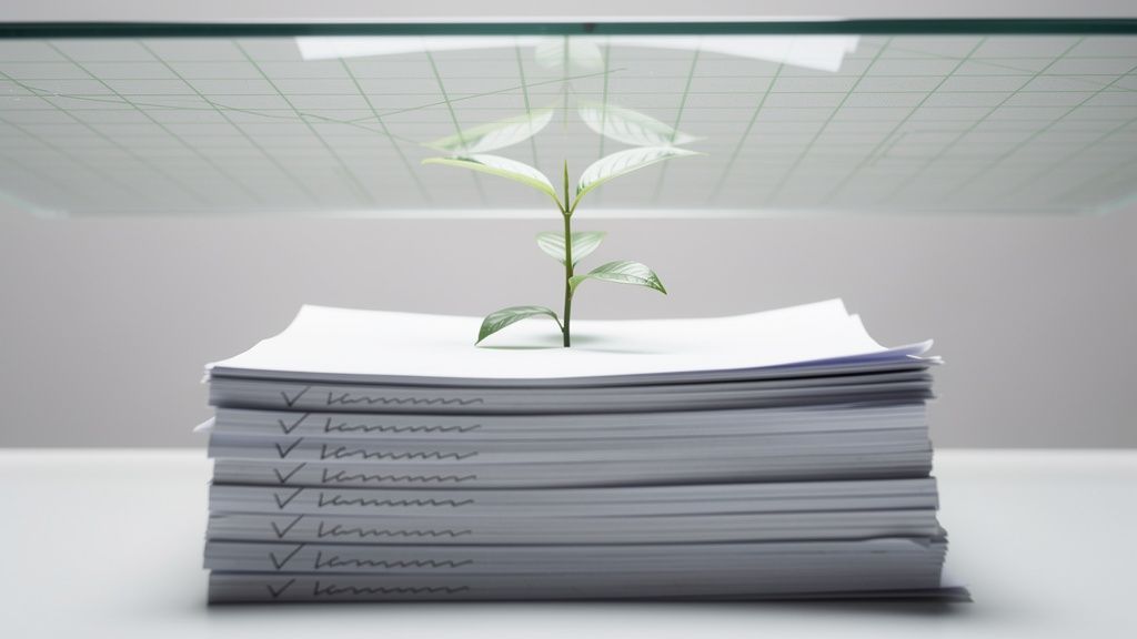 Planta creciendo bajo un techo de vidrio con patrón de hoja de cálculo, simbolizando límites de procesos manuales.