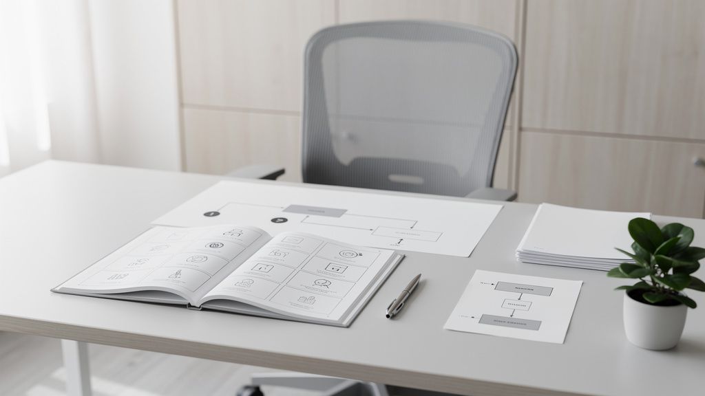 Escritorio con manual de procesos abierto y diagrama de flujo, junto a una silla vacía, simbolizando operaciones estandarizadas.