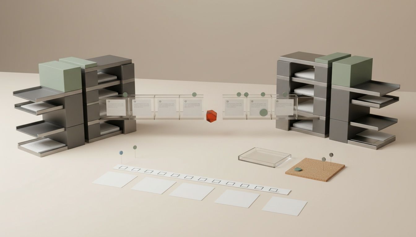 Maqueta de dos sistemas empresariales unidos por un flujo de datos revisado, con casillas vacías y un bloqueo que condiciona la ejecución.