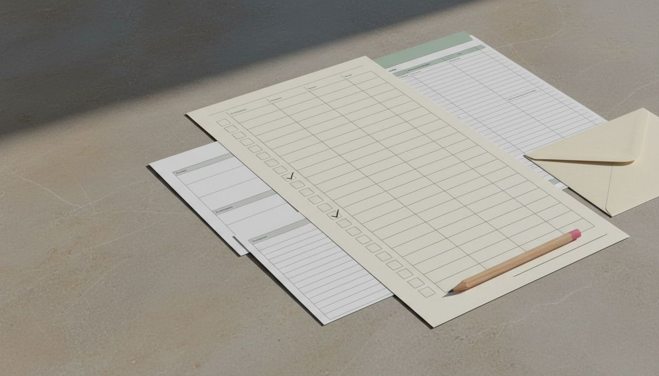 Checklist en blanco sobre una mesa de piedra, con formularios de papel, una hoja de cálculo vacía y un sobre abierto, iluminados por luz lateral.