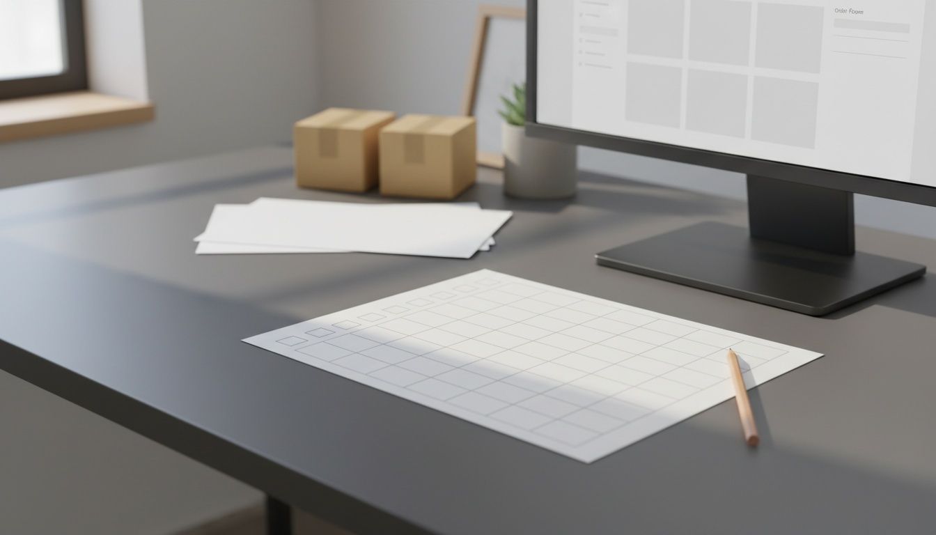 Lista de requisitos en blanco frente a una pantalla de tienda B2B vacía, con formularios, catálogo sin llenar, lápiz y cajas de cartón.