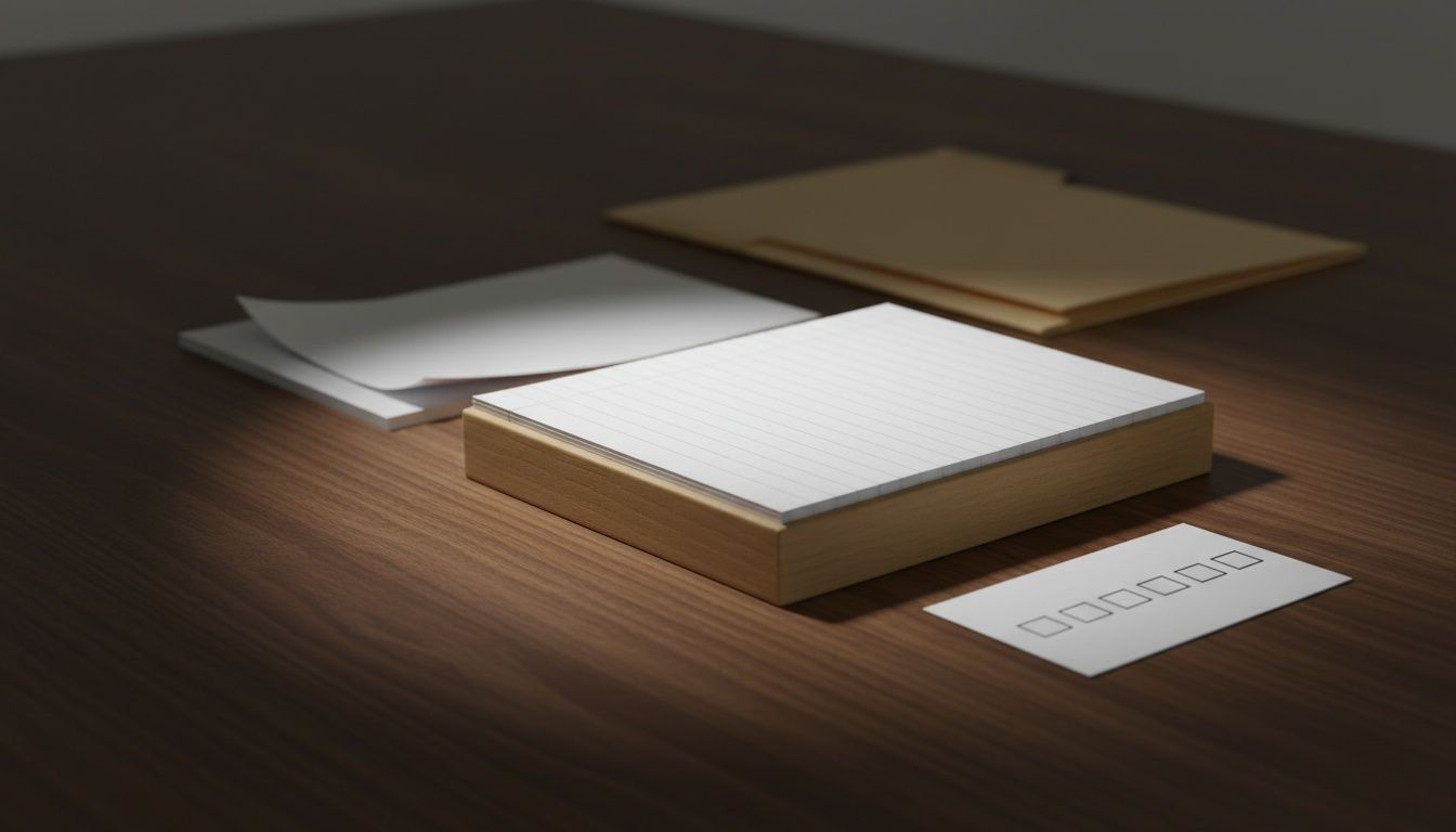 Formularios de papel en una mesa; uno elevado en un bloque de madera e iluminado, junto a una tarjeta con cinco casillas vacías.