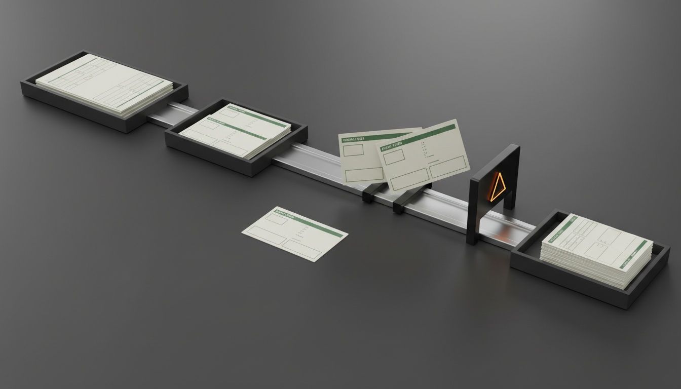 Tarjetas de facturación y CRM se cruzan en un punto de integración, con duplicados, campos desalineados y una barrera de revisión manual.