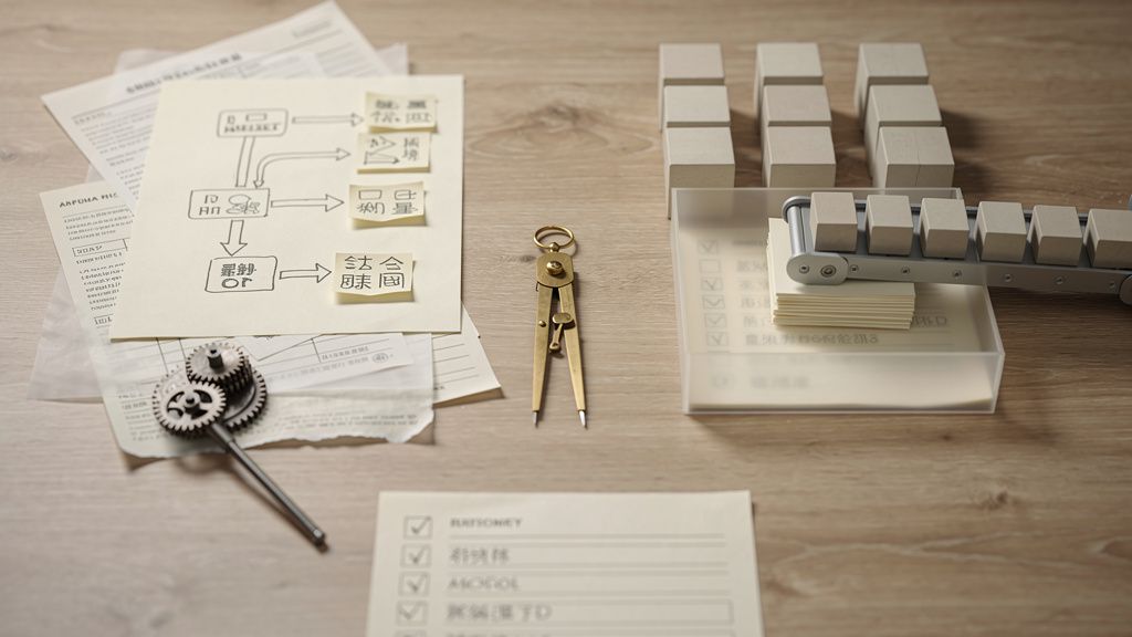 Vista superior de un escritorio de madera con un diagrama de flujo en papel a la izquierda y un sistema modular geométrico a la derecha, con una brújula en el centro.
