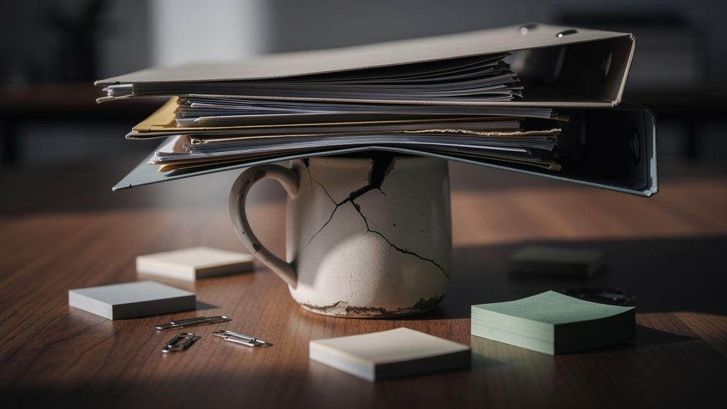 Una torre inestable de carpetas, papeles y una taza agrietada a punto de caer, simbolizando procesos frágiles.