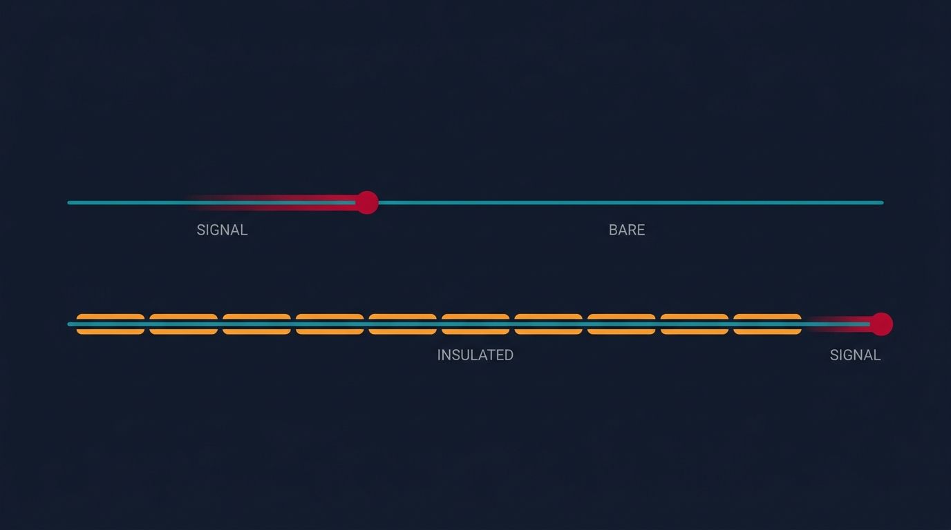Two nerve fibers compared: a bare axon carrying a signal only a third of the way along, and the same axon wrapped in myelin sleeves carrying the signal to the far end. Insulation is what makes a built skill fast.