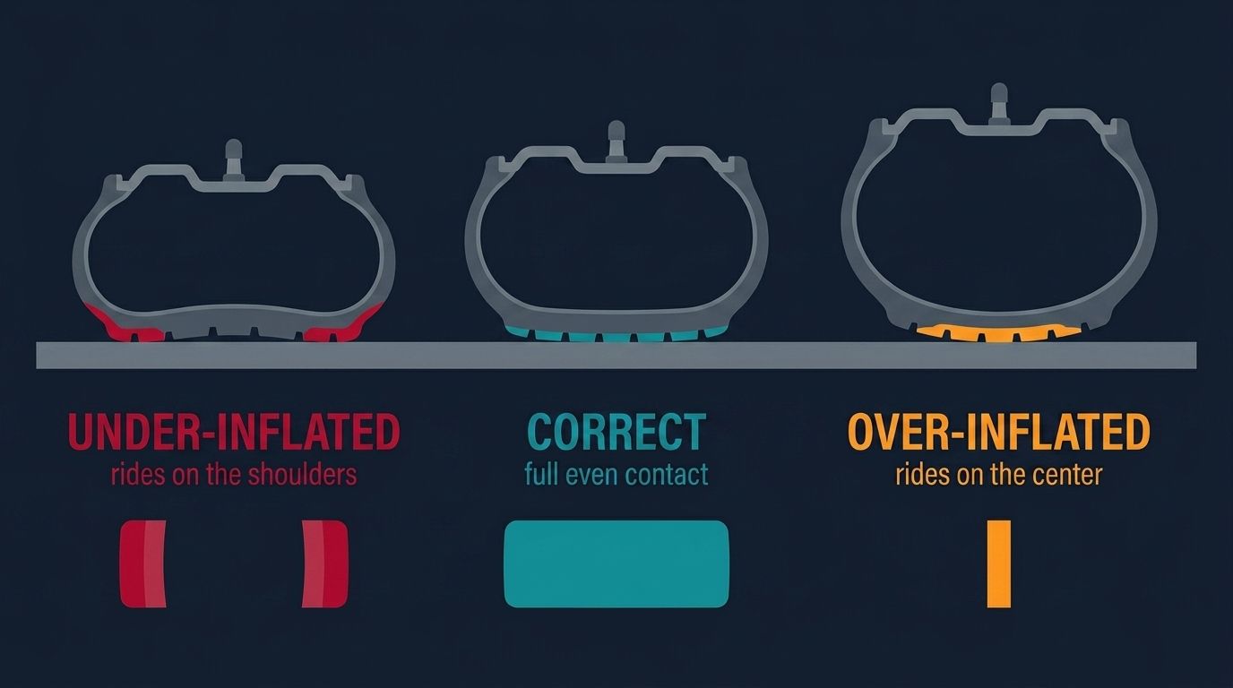 Three tire cross-sections with the rim and valve at the top and tread only on the bottom: under-inflated caves concave and rides on the shoulders, correct gives a full even contact patch, over-inflated crowns convex and rides on the center.