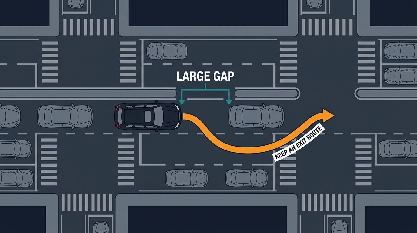 Top-down diagram of an SUV keeping a large gap to the car ahead with an escape-path arrow, illustrating the principle of always keeping an exit route.