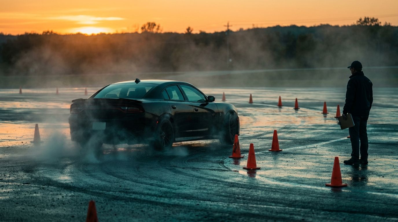 A black training sedan mid-skid on a wet skid pad at sunset, tire smoke billowing, traffic cones marking a course, an instructor watching from the edge.