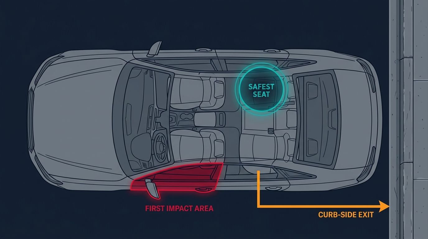 Top-down diagram of a sedan showing the rear curb-side seat as the safest position for the principal, diagonally opposite the driver door first-impact area.