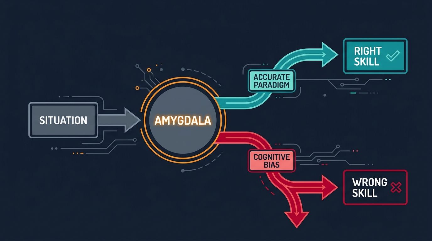 Decision flow: a situation reaches the amygdala, which selects the right skill through an accurate paradigm or the wrong skill through a cognitive bias.