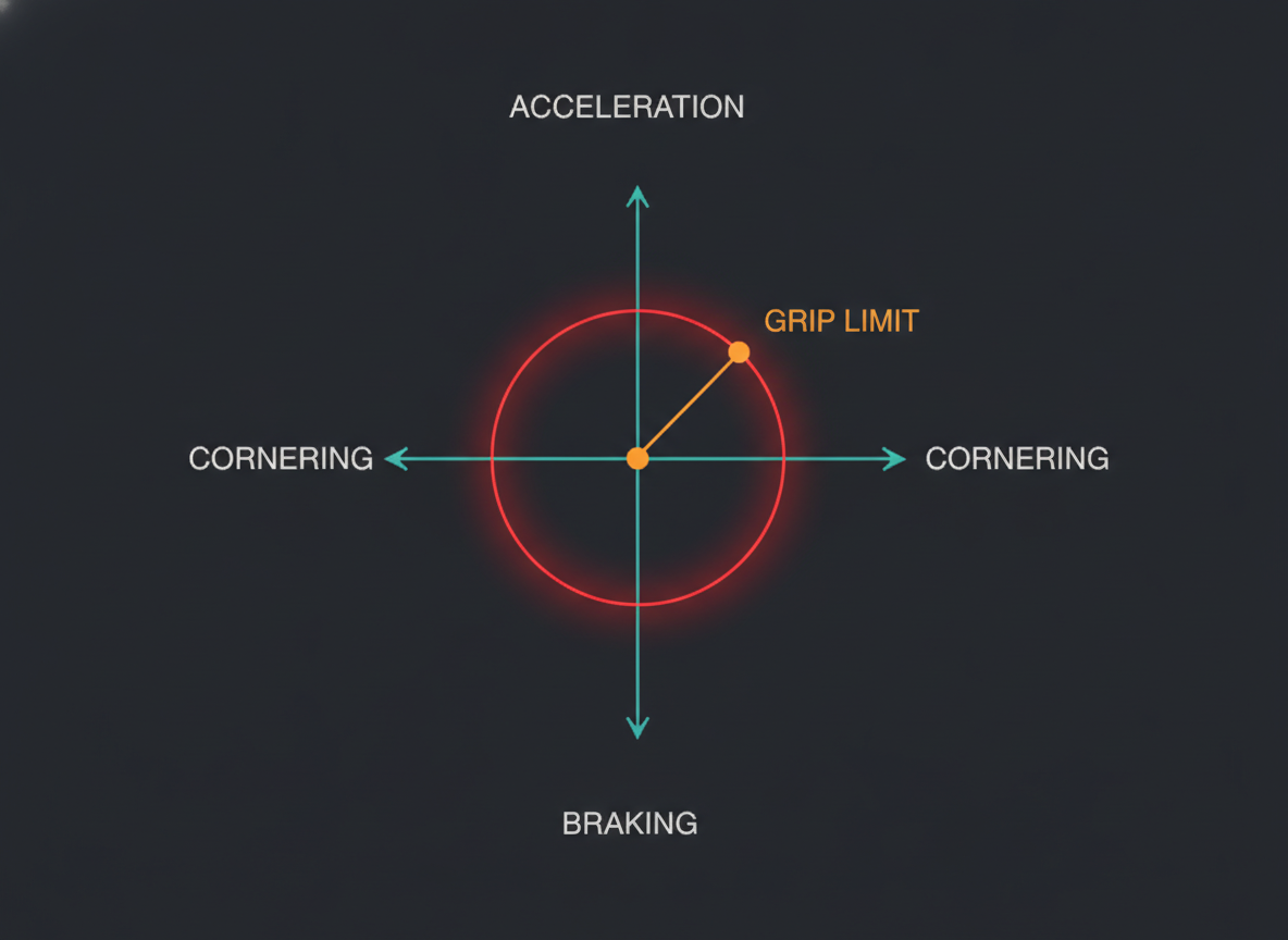 The friction circle (also called the Kamm circle) showing a single tire’s grip split between braking, acceleration, and cornering up to one limit.
