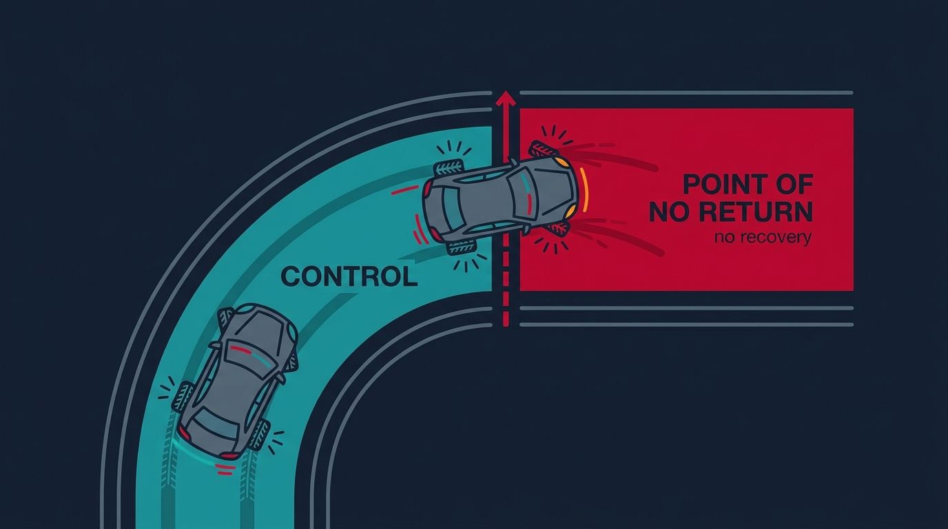Top-down diagram of a car cornering, showing a teal control zone where the tires grip and a red point-of-no-return zone past the limit where recovery is impossible.