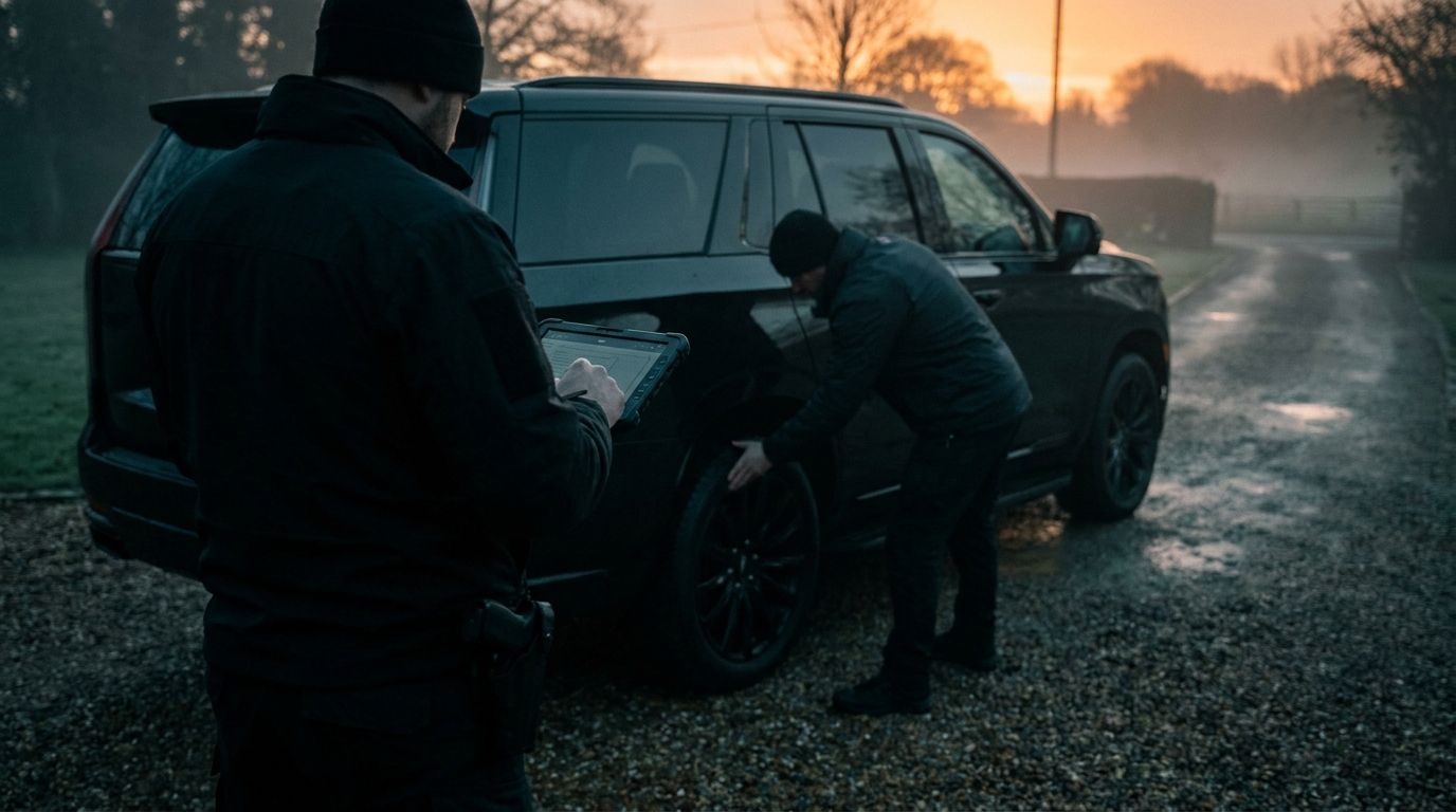 A close-protection team running a pre-departure check at dawn beside a black executive SUV, one reviewing a checklist on a tablet while another inspects the vehicle.