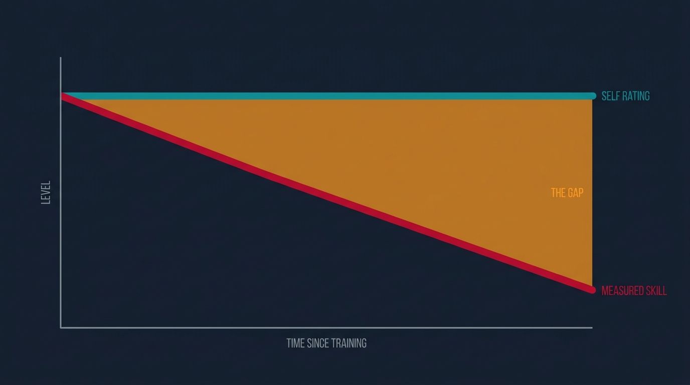 Two lines over time since training: measured skill falls steadily while self-rating stays flat, opening a widening gap between what a driver can do and what he believes he can do.