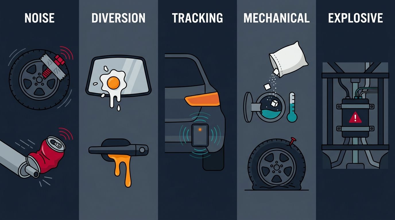 Flat infographic of five vehicle-tampering tactics: noise devices, diversion, tracking, mechanical sabotage, and explosives.
