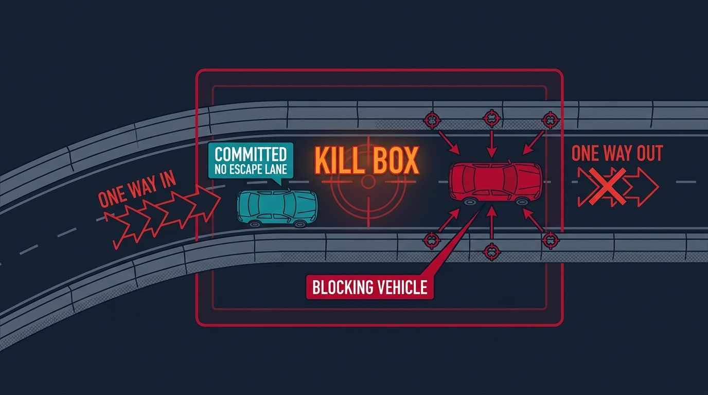 Top-down diagram of a single-lane on-ramp as a kill box: one way in, one way out blocked by a vehicle, concrete barriers on both sides, a committed target with no escape lane.