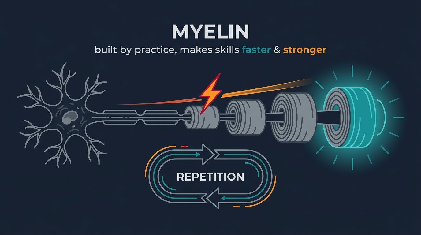 Diagram of a neuron whose axon is progressively wrapped in myelin through repetition, making the skill faster and stronger.