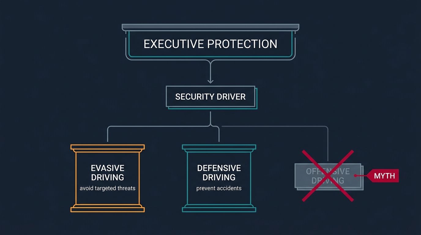 Hierarchy diagram: Executive Protection contains the Security Driver role; the two real driving disciplines are Evasive (avoid targeted threats) and Defensive (prevent accidents), while Offensive Driving is crossed out as a myth.