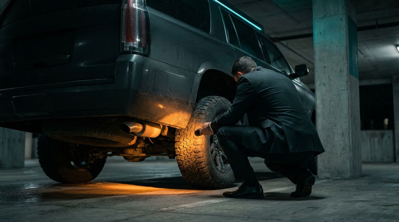 A close-protection security driver in a suit crouched beside a black executive SUV in a dim parking structure, inspecting the rear wheel and undercarriage with a flashlight during a pre-departure check.