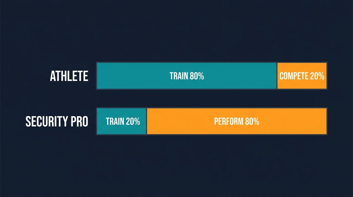 Bar comparison: an athlete trains 80% and competes 20%; a security professional trains 20% and performs 80%.