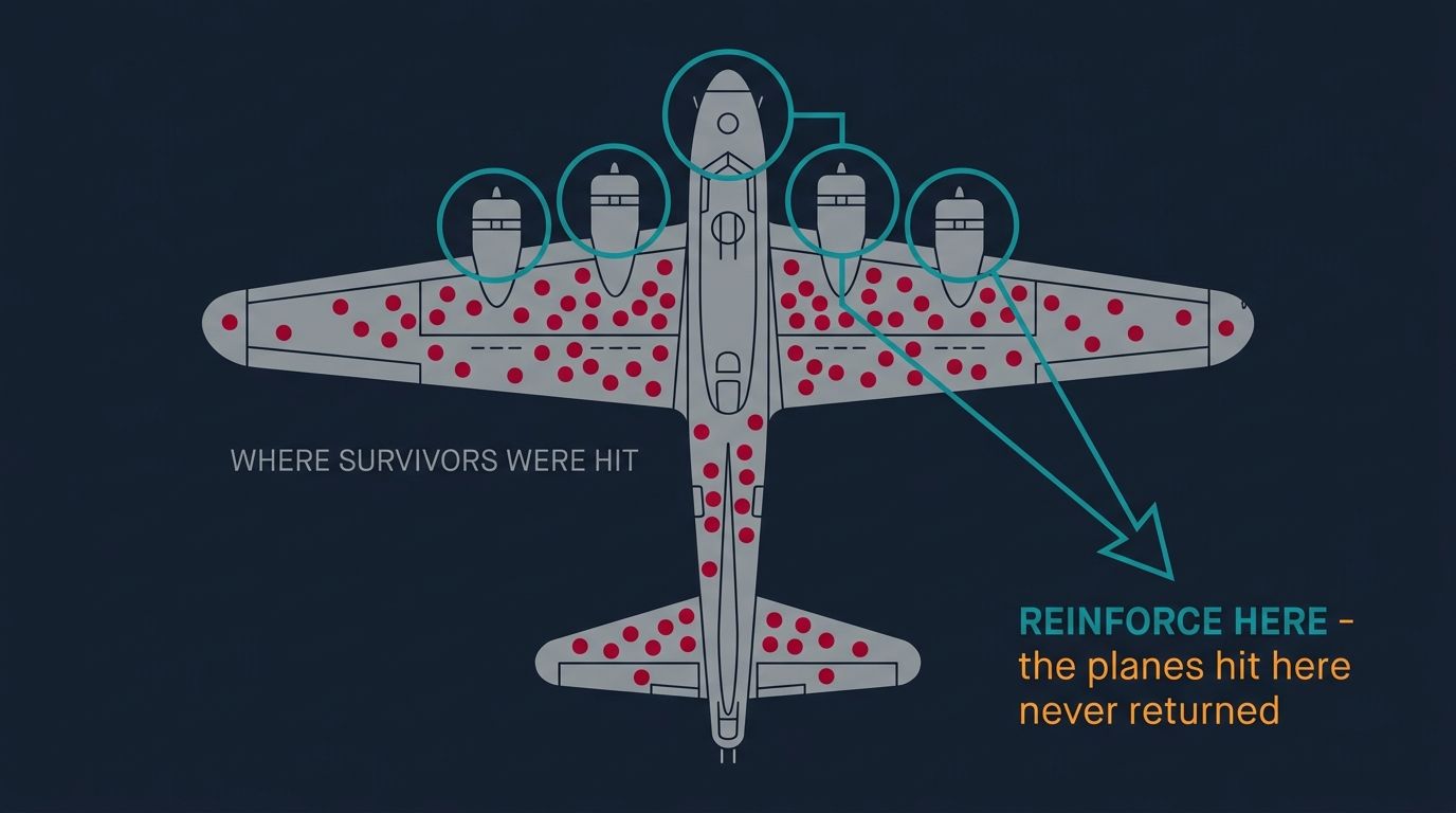 Survivorship bias diagram: a WWII bomber with bullet holes clustered where survivors were hit, and the engines and cockpit, where downed planes were hit, marked for reinforcement.