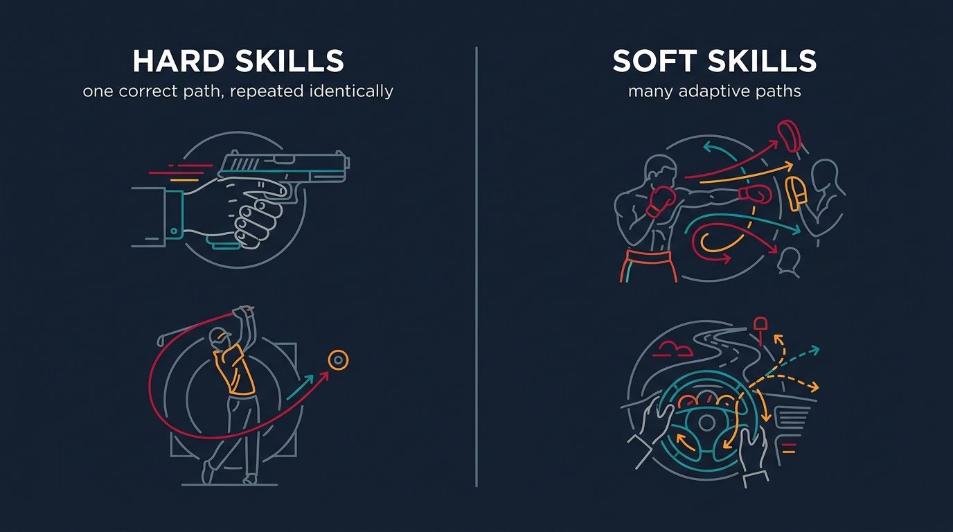 Hard skills (one correct path: a pistol draw, a golf swing) versus soft skills (many adaptive paths: a boxer's combination, reacting to a bend in the road).