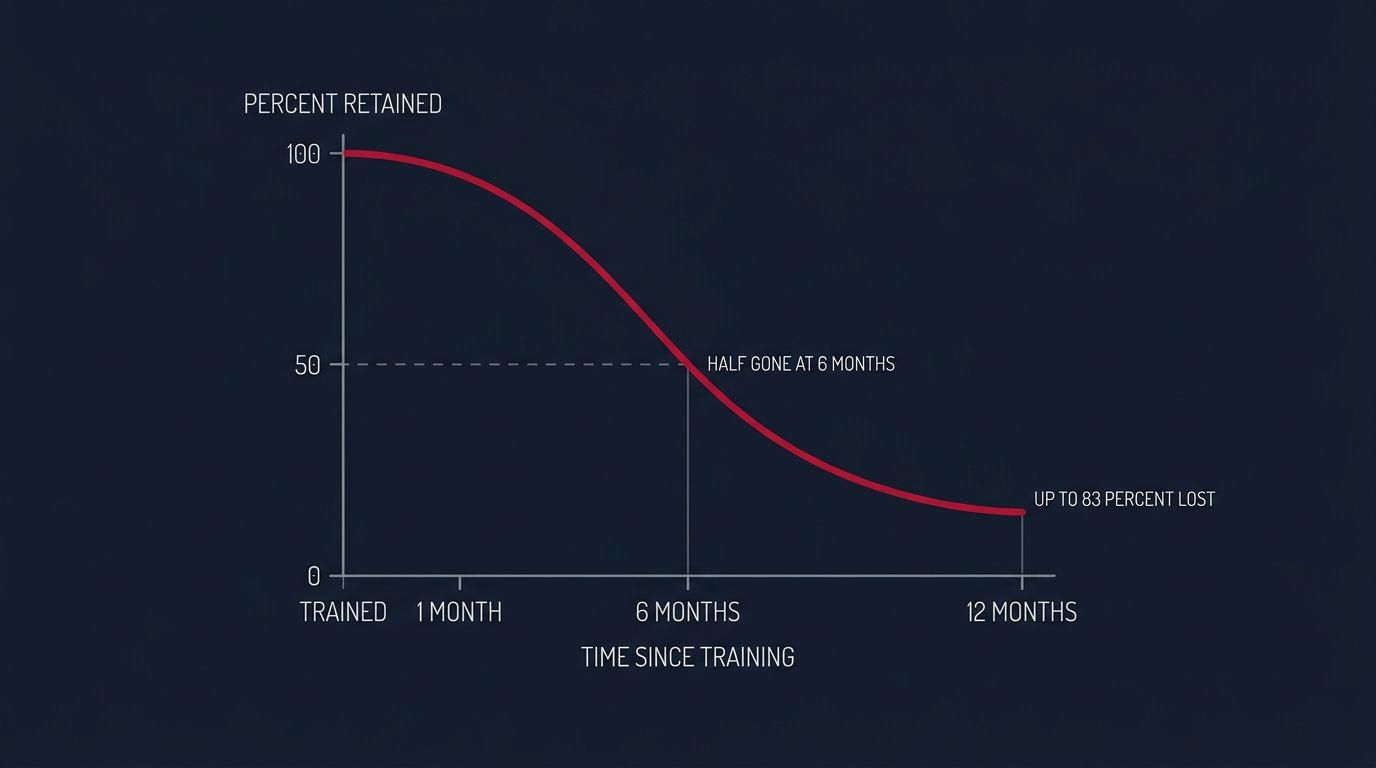 Skill retention decay curve: performance starts at 100 percent at the end of training, falls to half at roughly six months, and drops to a loss of up to 83 percent by twelve months away.
