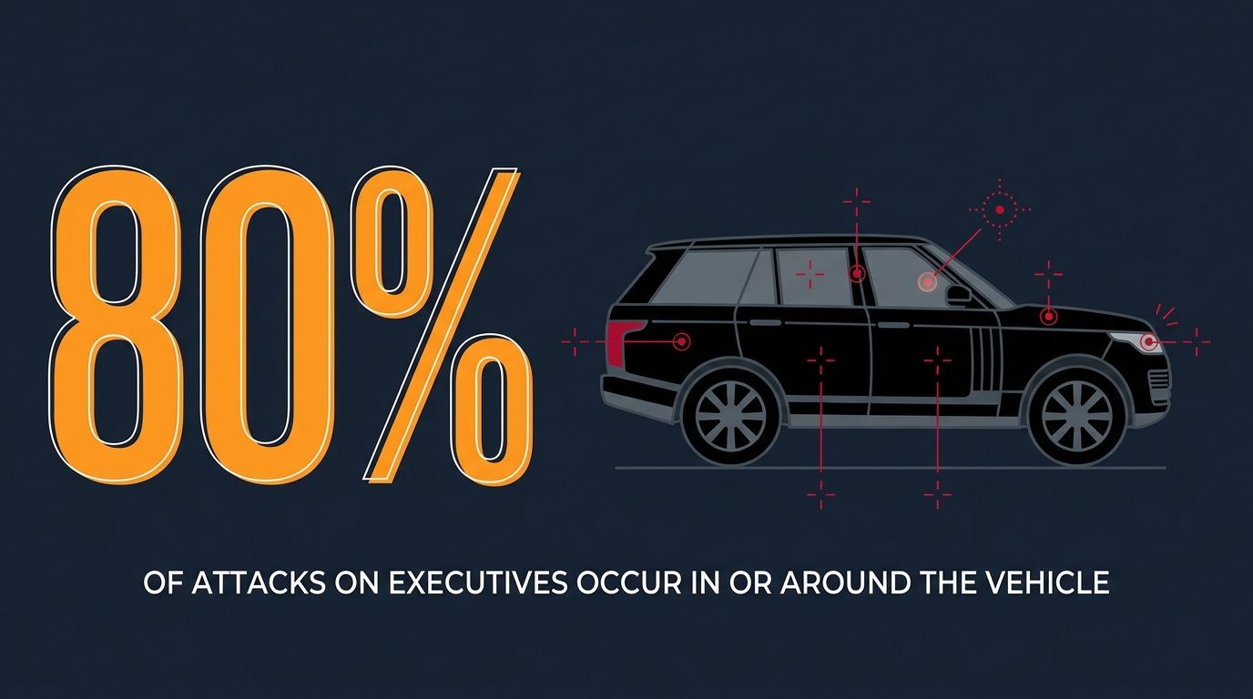 Statistic graphic: more than 80% of attacks on executives occur in or around the vehicle.