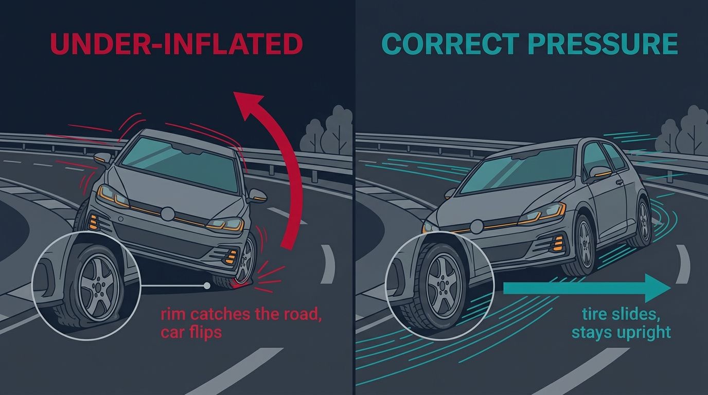 Cornering comparison: an under-inflated tire's sidewall folds and the wheel rim catches the road, flipping the car, while a correctly inflated tire keeps its shape and slides at the limit, staying upright.