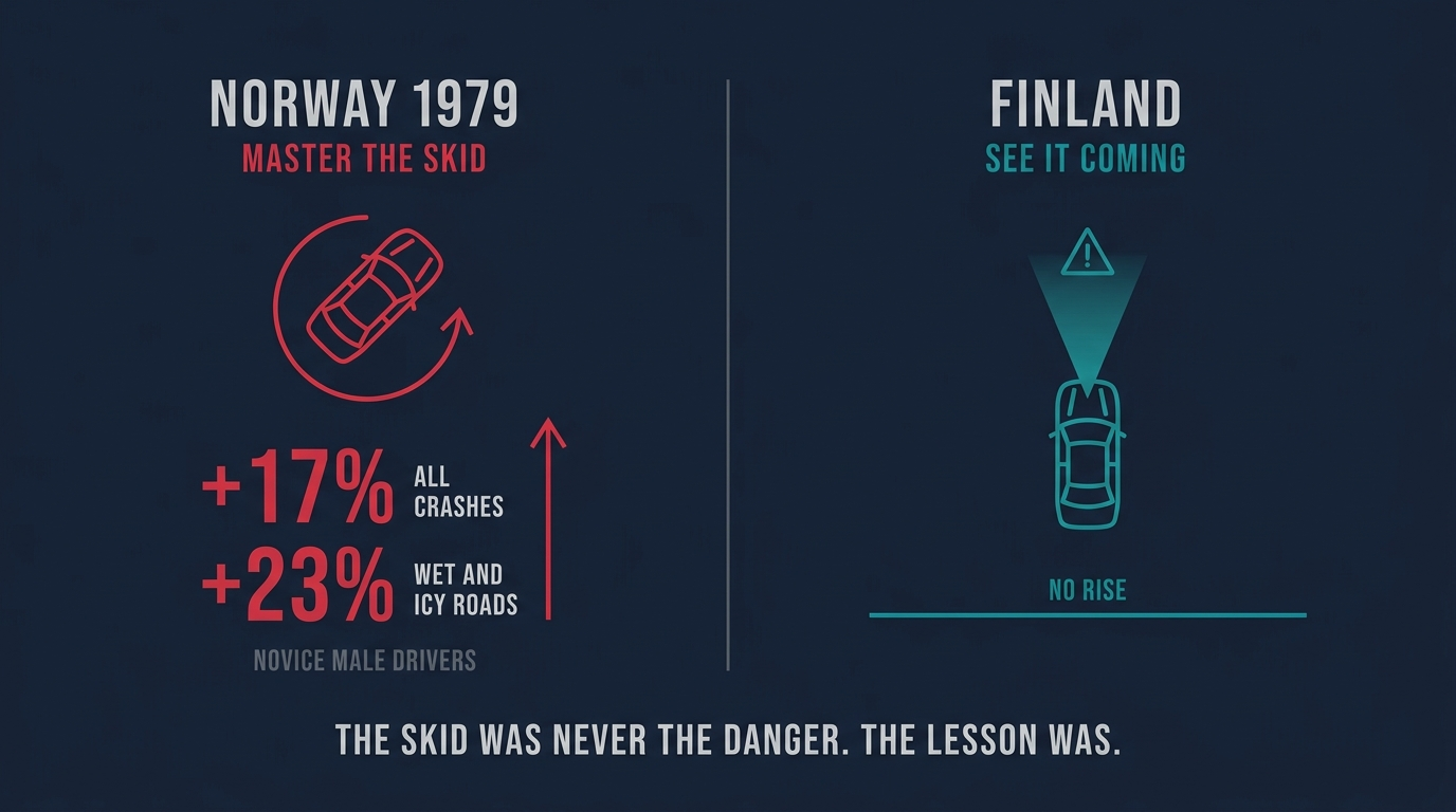 Comparison of two skid training approaches: Norway's 1979 master-the-skid course produced 17% more crashes overall and 23% more on wet and icy roads among novice male drivers, while Finland's see-it-coming approach produced no rise.