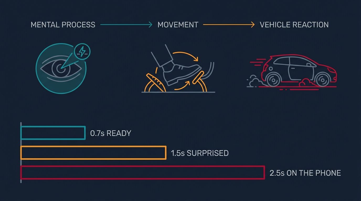 Reaction time breakdown: mental process, movement, and vehicle reaction; total reaction time of 0.7s when ready, 1.5s when surprised, and 2.5s when on the phone.