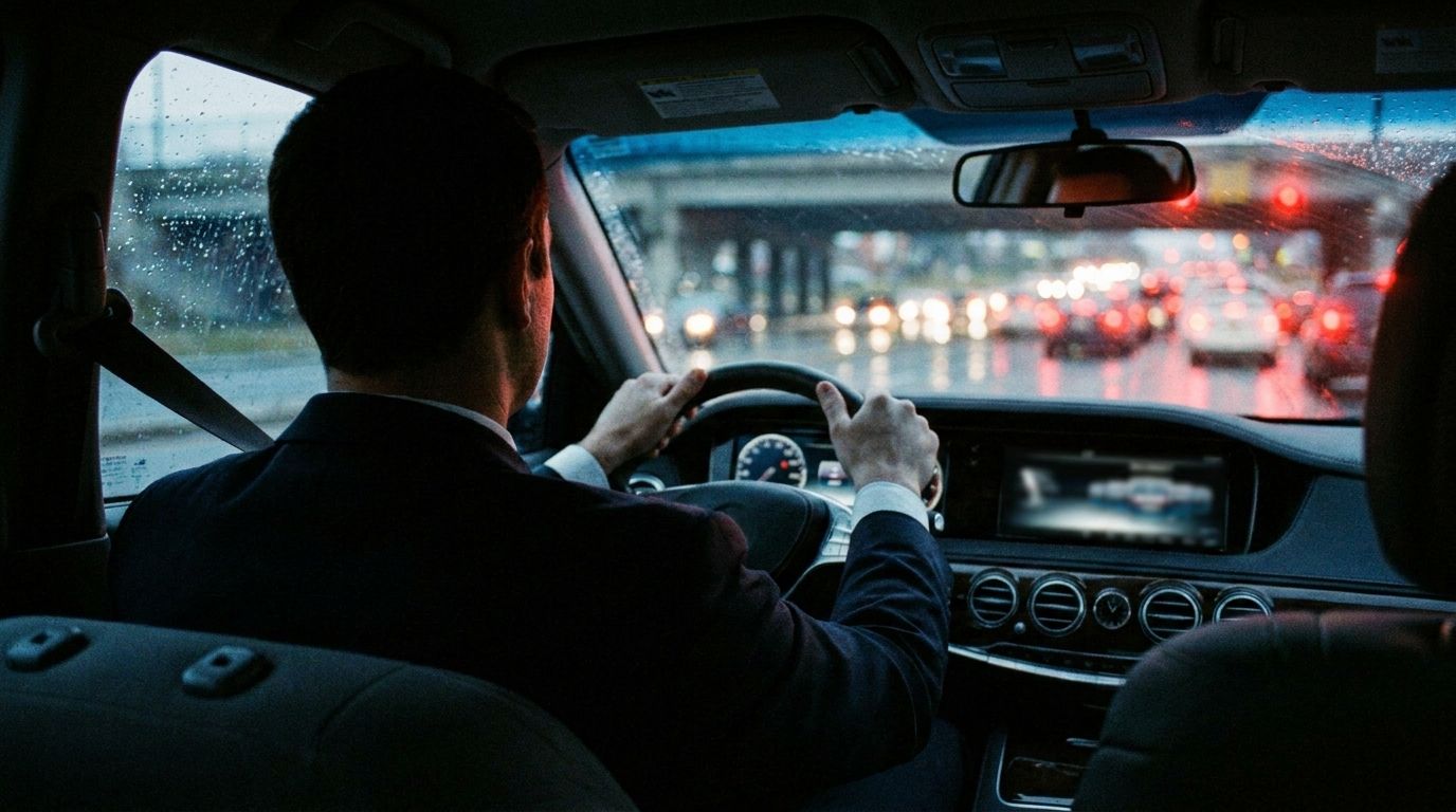 Seen from the back seat, an executive in a suit drives themselves alone through dense evening traffic, both hands on the wheel and the passenger seat empty.