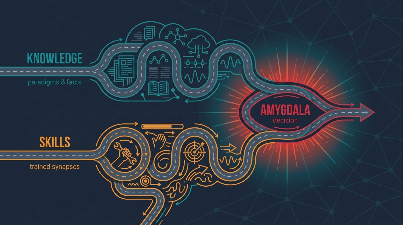 Diagram of the brain as two parallel highways: Knowledge (paradigms and facts) and Skills (trained synapses) merging at the amygdala, where decisions are made.