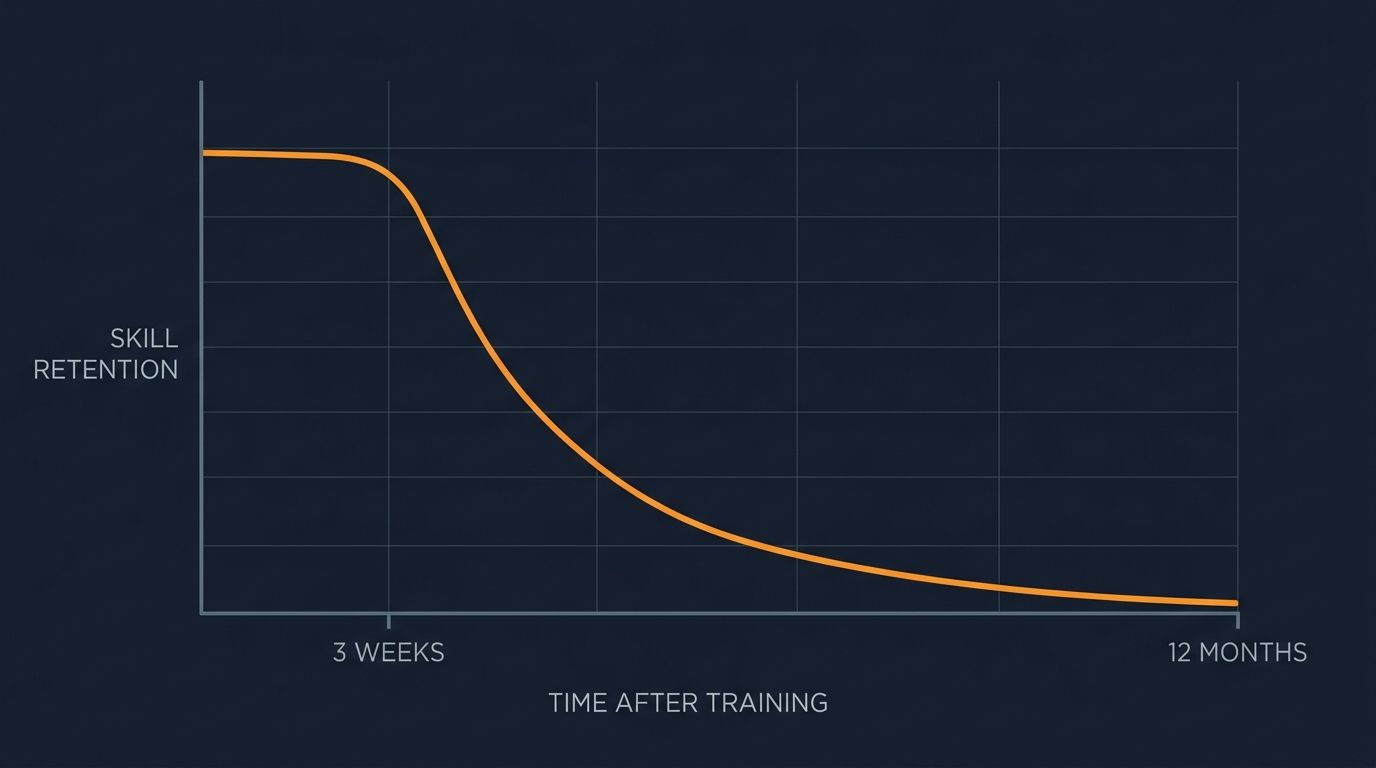 Line graph showing skill retention dropping sharply after three weeks and decaying toward zero by twelve months without practice.
