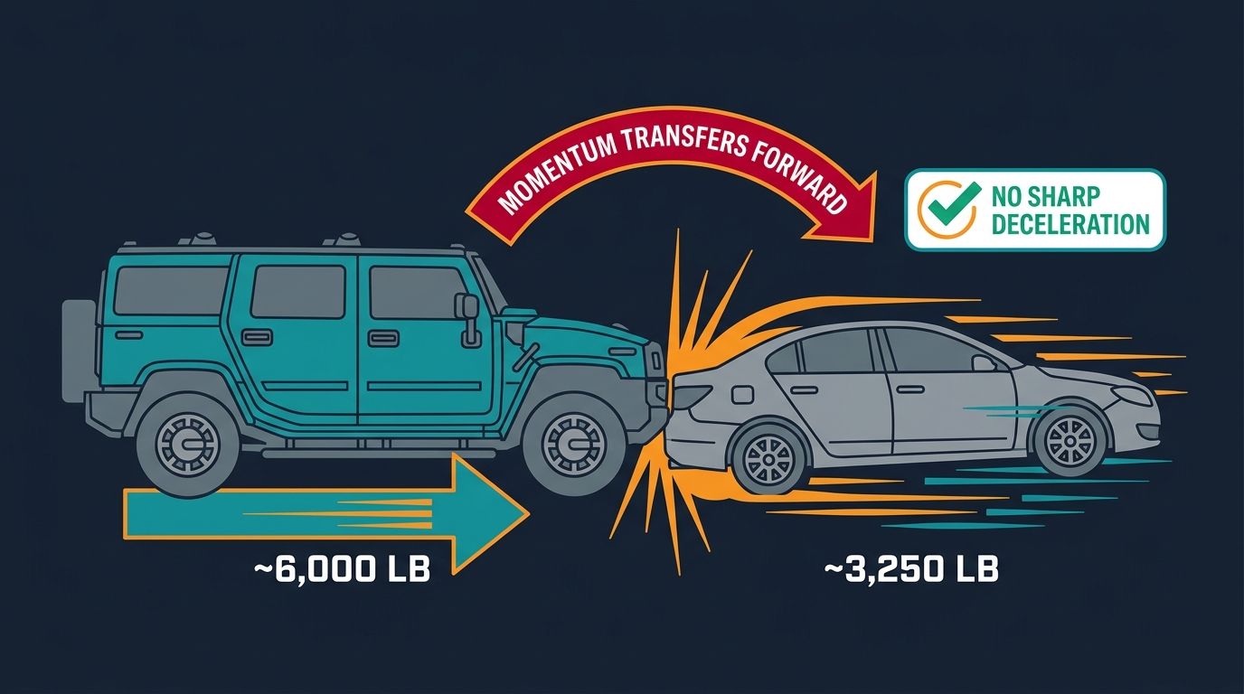 Physics diagram: a roughly 6,000 lb SUV transfers momentum forward into a roughly 3,250 lb sedan, pushing it without a sharp deceleration spike.