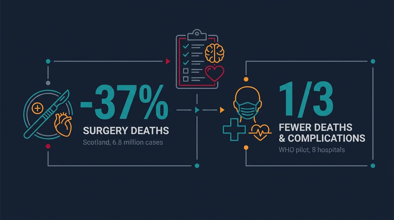 Checklist impact statistics: 37% fewer surgery deaths in Scotland across 6.8 million cases, and one-third fewer deaths and complications in the WHO pilot across 8 hospitals.
