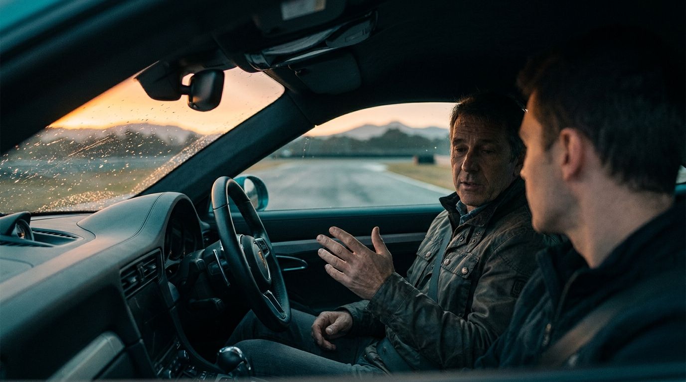 A driving instructor in the passenger seat explaining and gesturing to a trainee at the wheel of a training car at dawn, focused on teaching rather than driving.