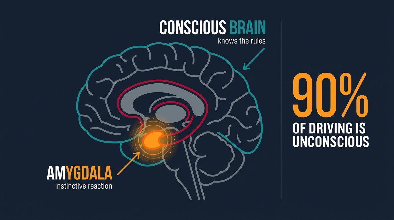 Brain diagram contrasting the conscious brain, which knows the rules, with the amygdala, which drives instinctive reactions; about 90% of driving is unconscious.