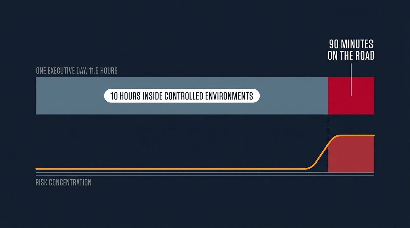 A bar splitting an 11.5 hour executive day into 10 hours inside controlled environments and 90 minutes on the road, with a risk concentration line that stays flat and then rises sharply over the road segment.