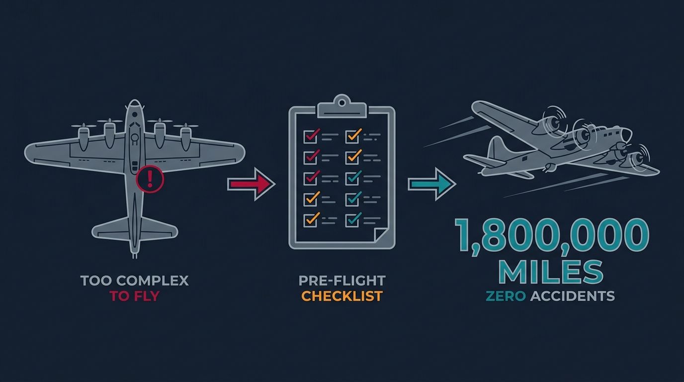 The Boeing Model 299: an aircraft too complex to fly safely, made reliable by a pre-flight checklist that enabled 1.8 million miles without an accident.