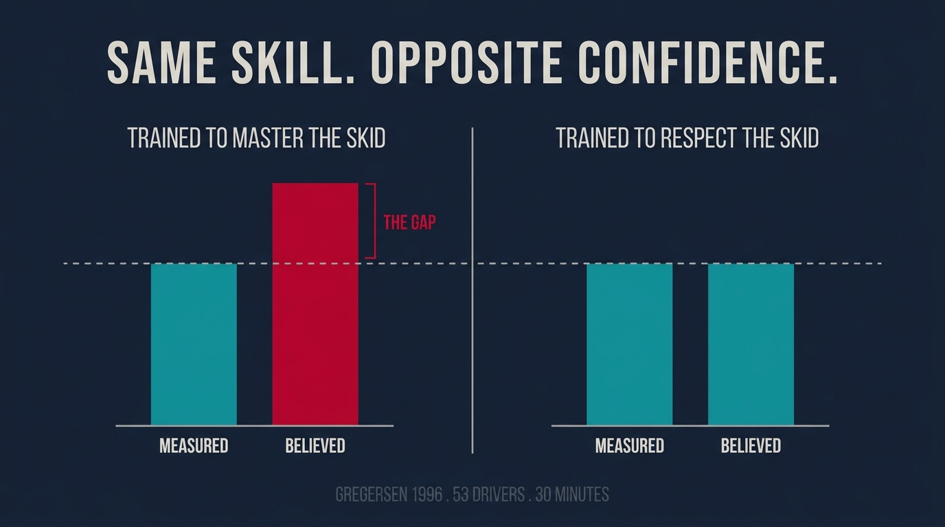 Bar chart of the Gregersen 1996 experiment: both groups measured the same skill level, but the group trained to master the skid rated itself far above what it could do while the group trained to respect the skid rated itself accurately.