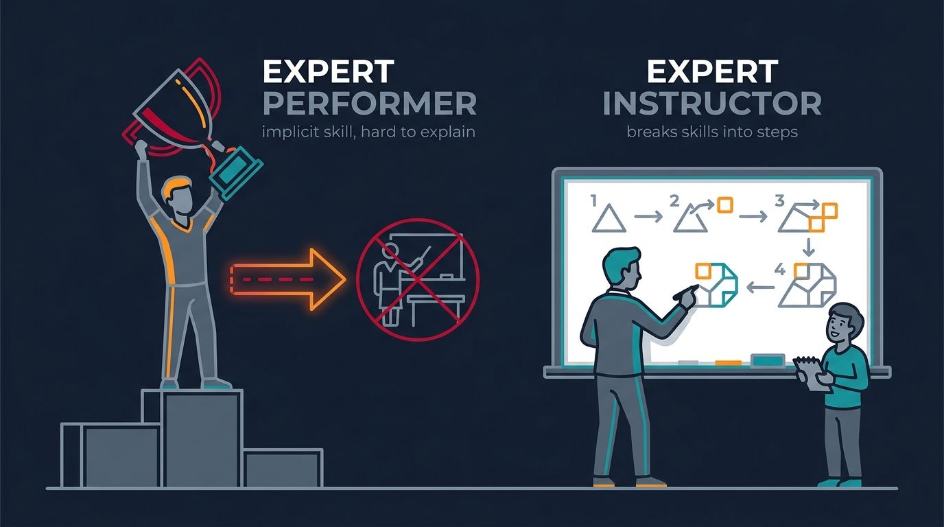 Contrast: an expert performer with a trophy whose implicit skill does not automatically transfer, versus an expert instructor breaking a skill into simple steps at a whiteboard.